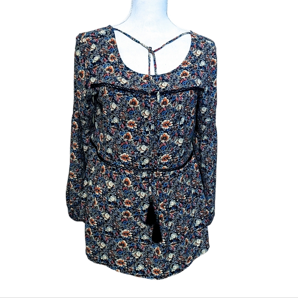 Knox Rose Boho Floral Pattern Top Size S with Lace Detail and Tassel Ties